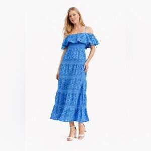 Topshop Strappy Broderie Maxi Dress With Frill Neck In Blue Size 4